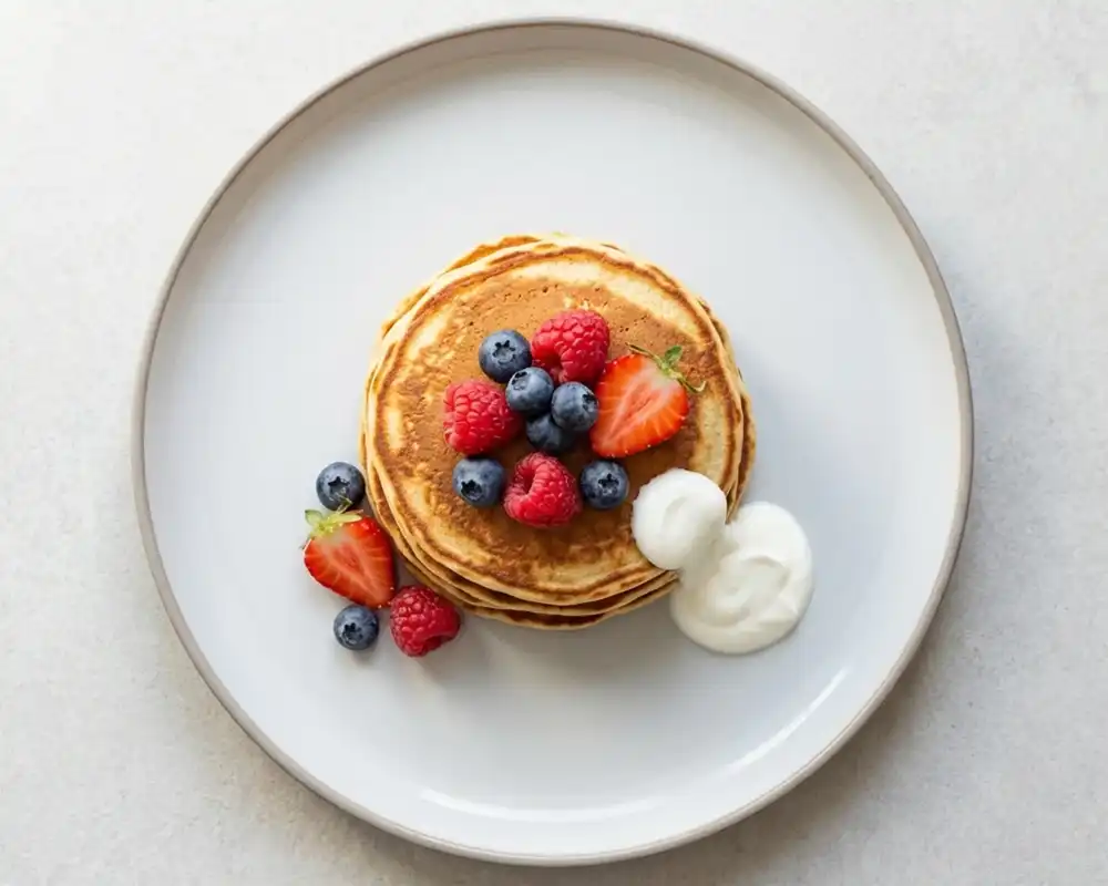Protein-Pancakes mit Beeren und Ahornsirup von oben fotografiert