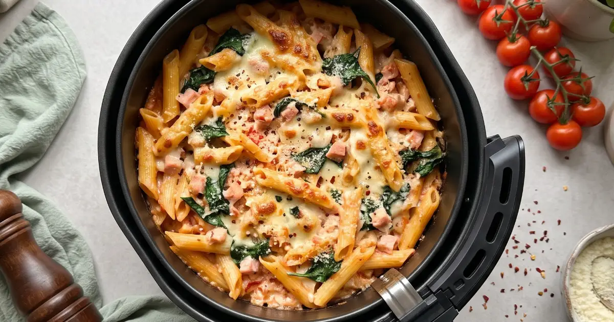 Cremiger High-Protein Schinken-Pasta-Bake mit Spinat und überbackenem Käse direkt aus dem Airfryer.