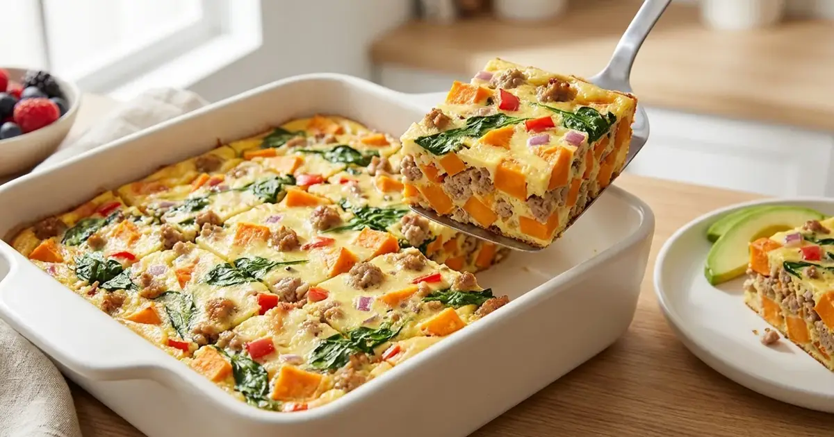 High Protein Süßkartoffel Frühstücksauflauf mit Ei, Putenhack und Spinat