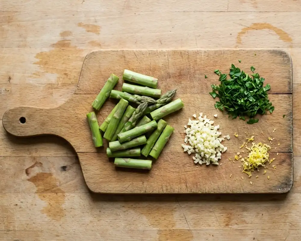 Grüner Spargel auf Holzbrett vorbereitet und geschnitten für Vollkornspaghetti mit Garnelen