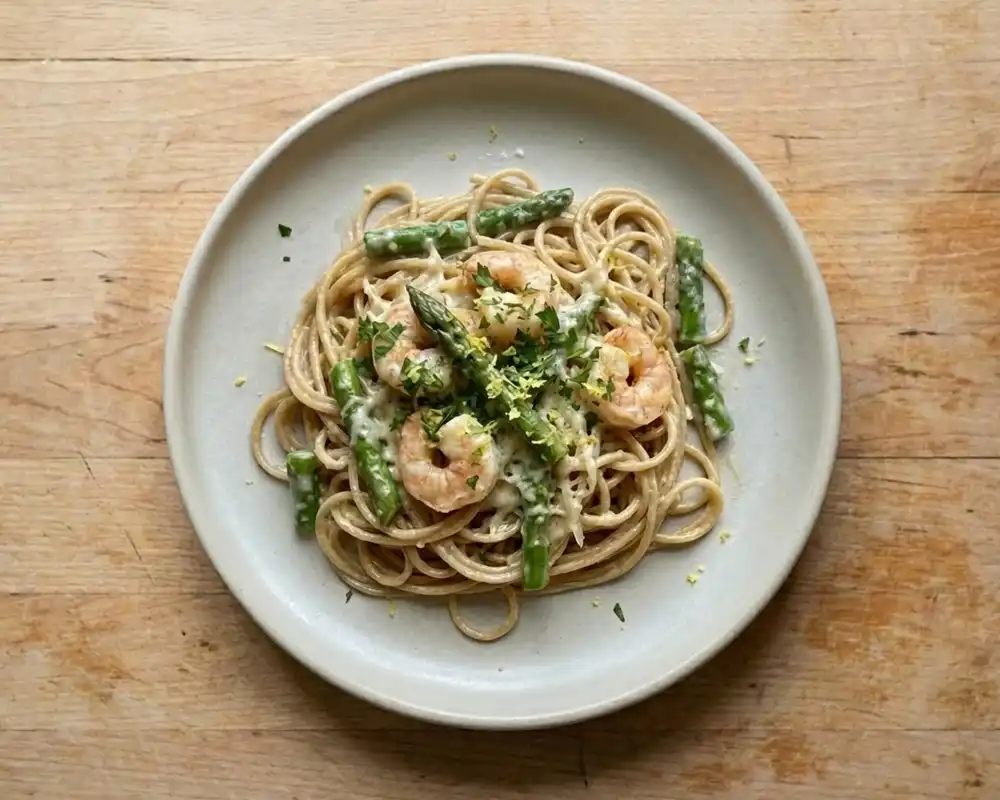 Cremige Vollkornspaghetti mit Garnelen und grünem Spargel fertig angerichtet