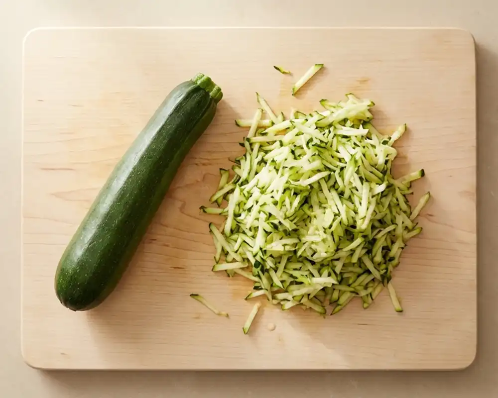 Zucchini grob gerieben auf hellem Holzbrett für High Protein Zucchini-Brot von oben fotografiert