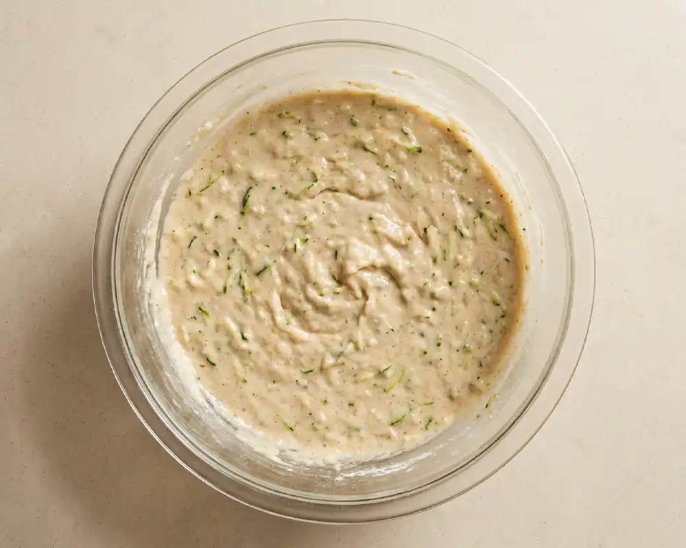 Feuchter Teig mit geriebener Zucchini in Glasschüssel für High Protein Zucchini-Brot