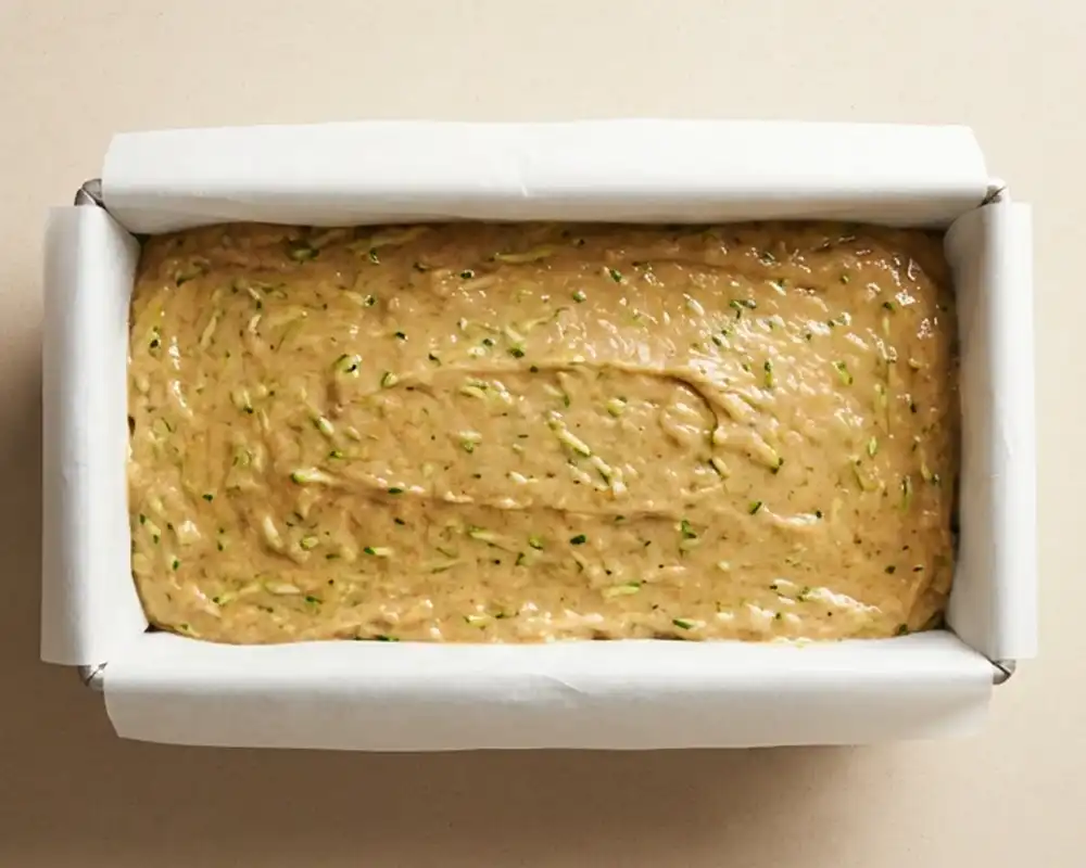 Zucchini-Brot-Teig in vorbereiteter Kastenform mit Backpapier von oben