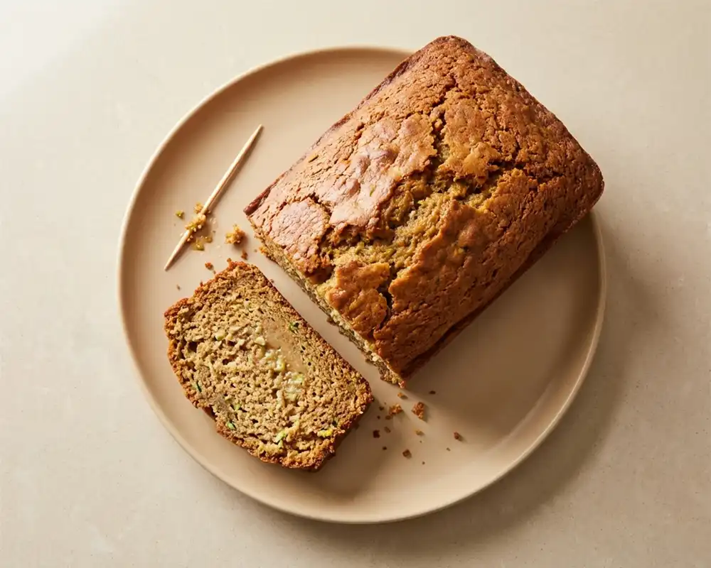 Zucchini-Brot Garprobe mit Holzstäbchen und saftiger Krume von oben