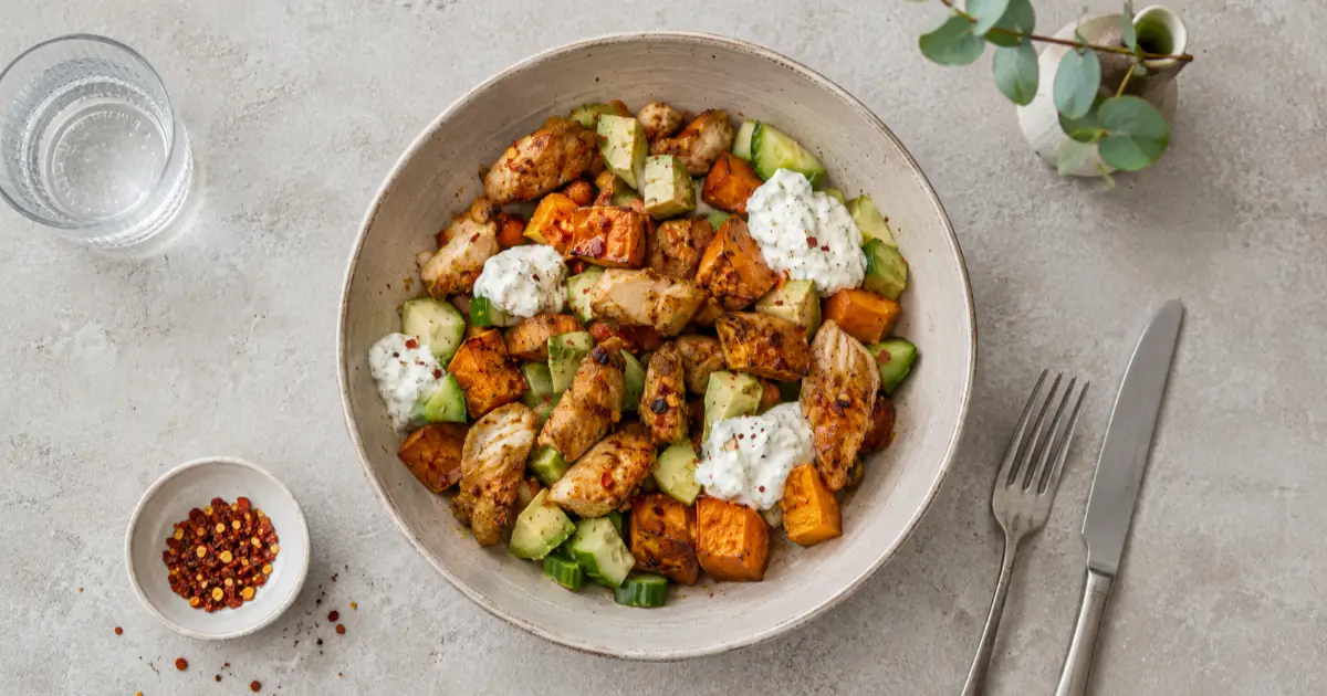 Hot-Honey-Hähnchen-Bowl mit gerösteter Süßkartoffel, Gurke, Avocado und leichter Feta-Skyr-Creme