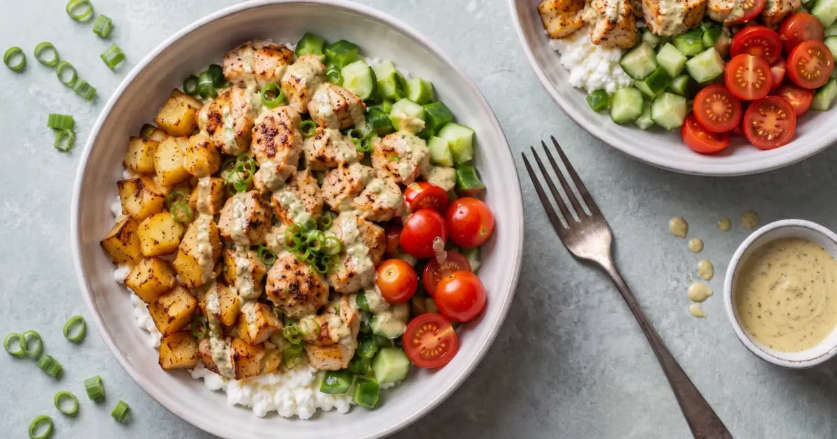 Hüttenkäse-Bowl mit knusprigen Kartoffeln, gebratenem Hähnchen, Gurke, Tomaten und cremigem Senf-Zitronen-Dressing.