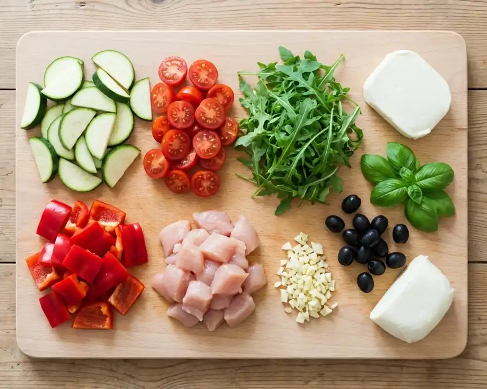 Alle Zutaten geschnitten für italienische Hähnchen Bowl vorbereitet