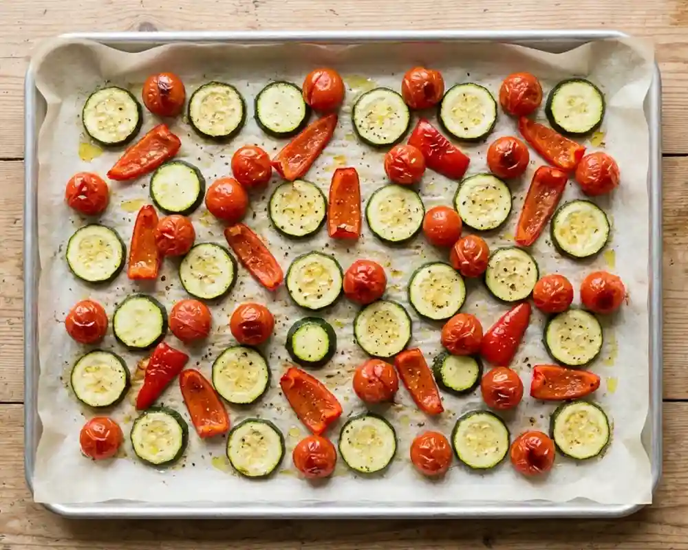 Ofengemüse mit Zucchini Paprika und Tomaten geröstet