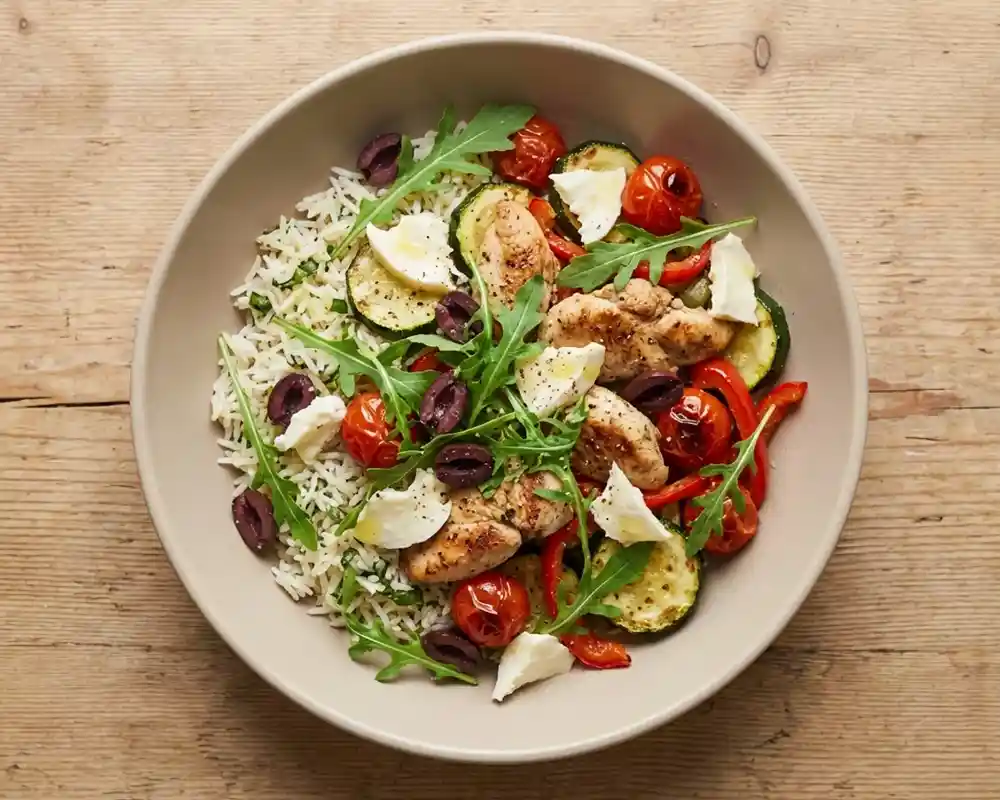 Italienische Hähnchen Bowl mit Reis Gemüse Rucola und Mozzarella