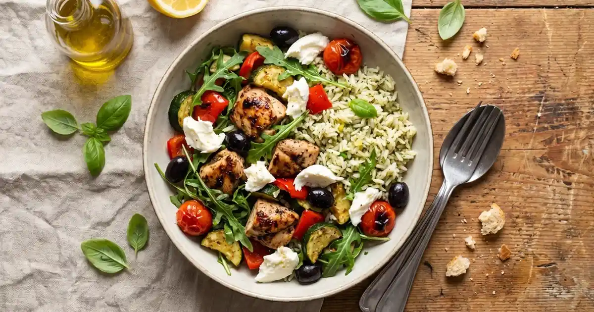 High Protein italienische Hähnchen-Bowl mit Reis, Gemüse und Mozzarella