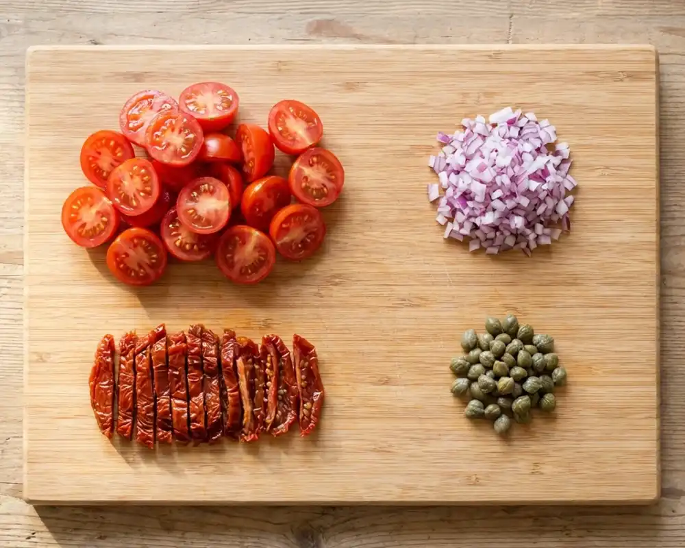 Halbierte Kirschtomaten, getrocknete Tomaten, rote Zwiebel und Kapern auf Schneidebrett von oben