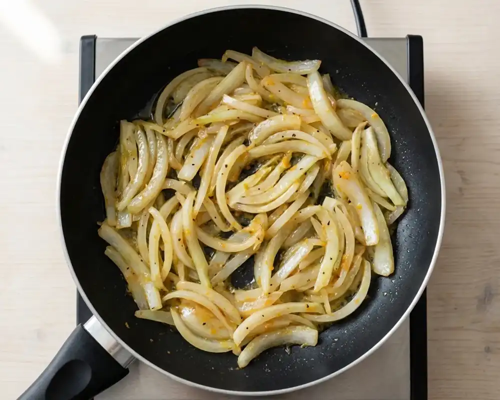 Gedünsteter Fenchel und Zwiebeln mit Orangensaft in beschichteter Pfanne von oben