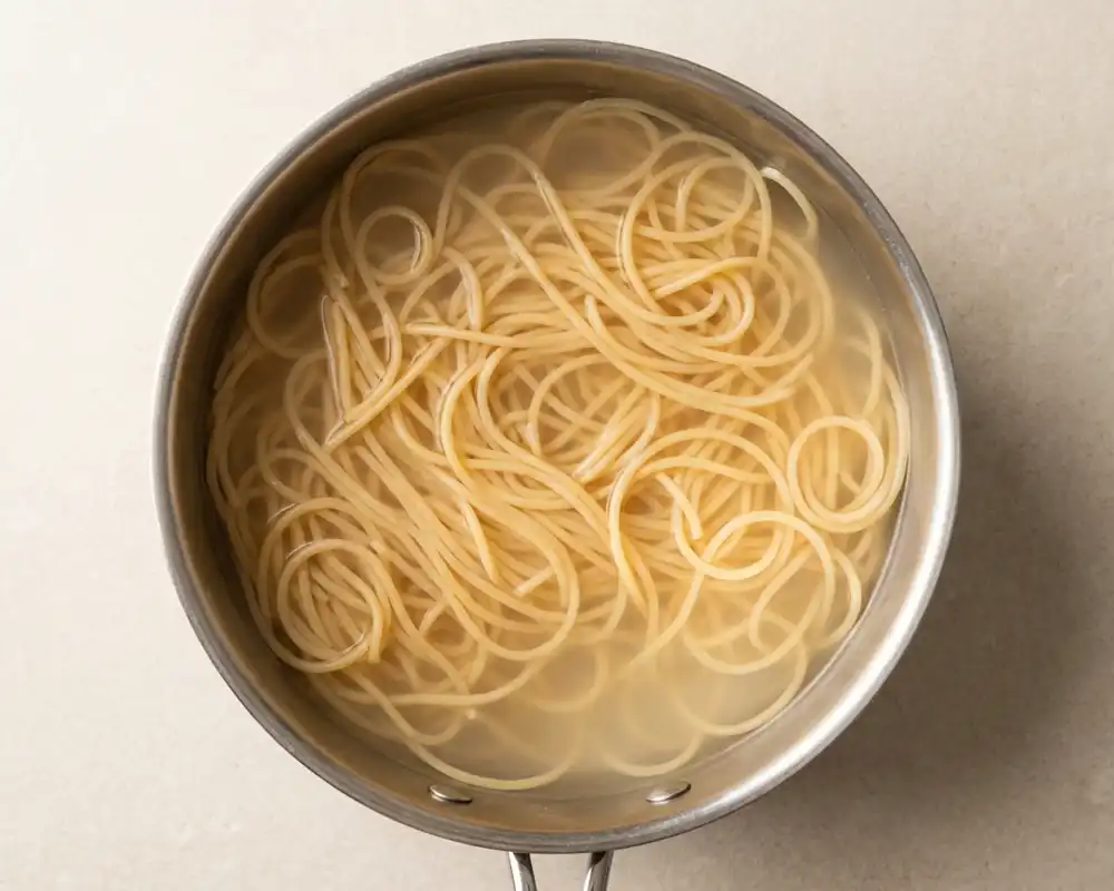 Protein-Spaghetti kochen al dente im Edelstahltopf in gesalzenem Wasser
