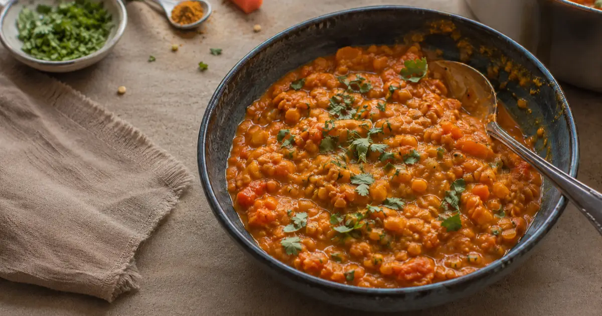 Cremiges Karotten-Linsen-Dal mit roten Linsen, Karotten, Tomaten und frischem Koriander in einer dunklen Keramikschale.
