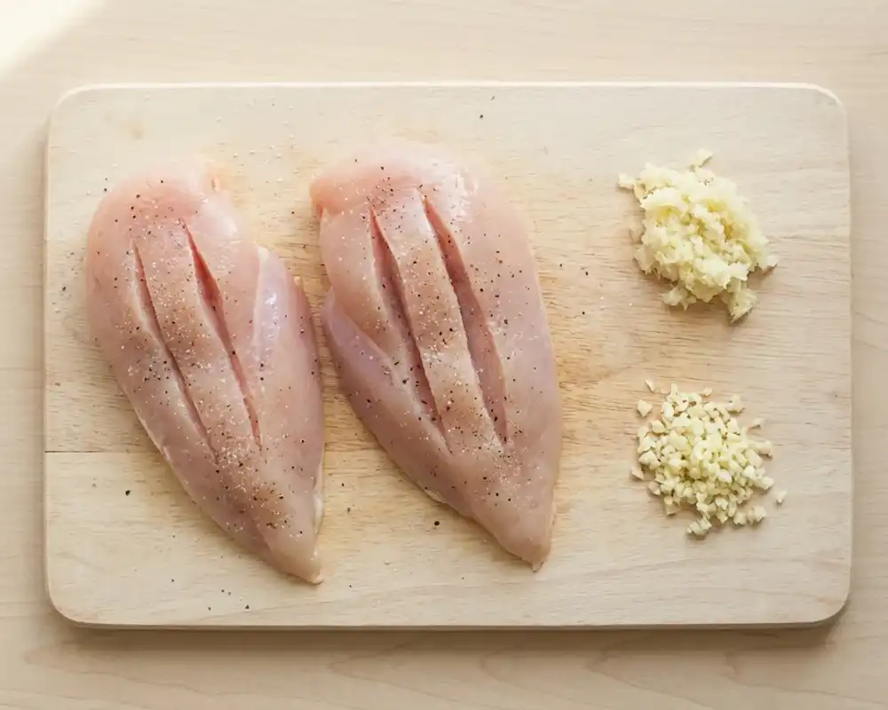 Hähnchenbrustfilets mit tiefen Einschnitten für Knoblauch-Basilikum-Hähnchen mit Ricotta-Füllung