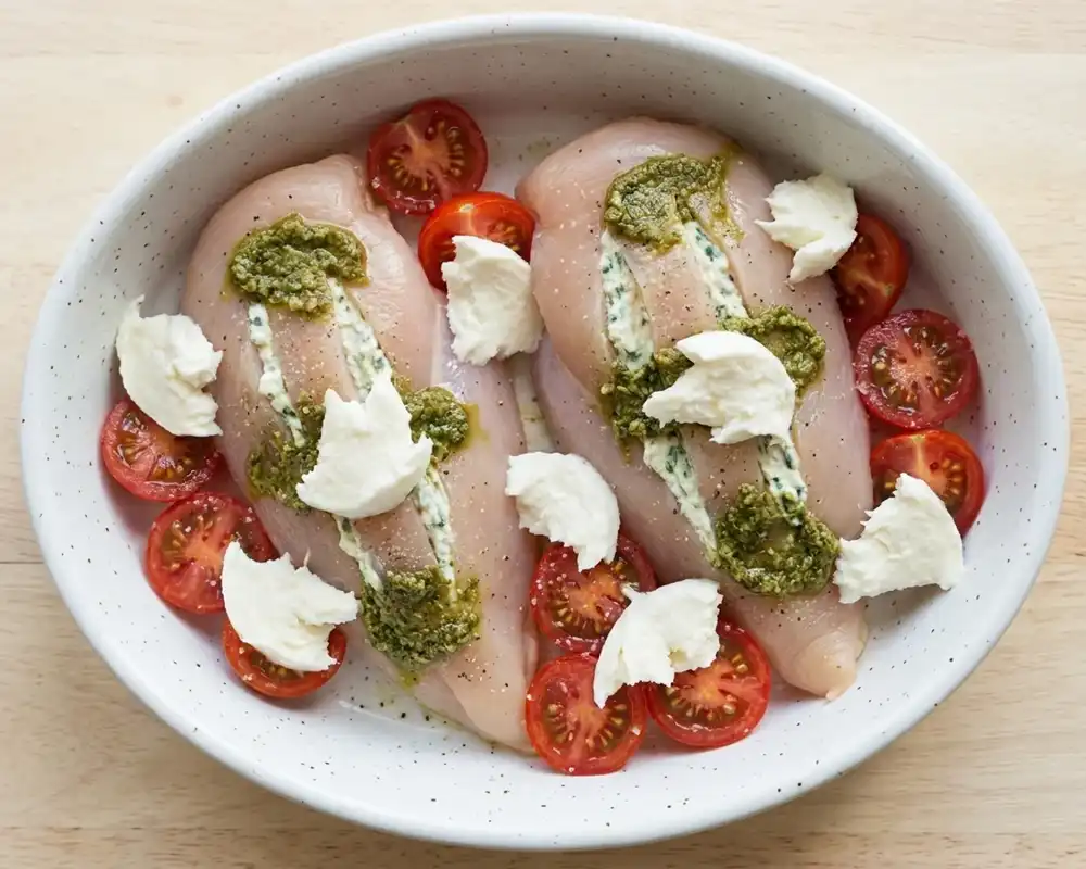 Hähnchenbrust mit Ricotta-Creme und Basilikum-Masse in den Einschnitten
