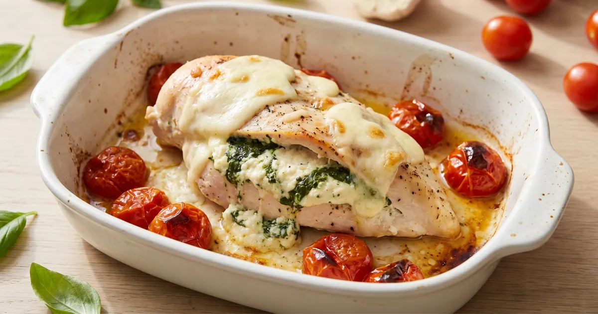 Ofen-Hähnchen mit Ricotta-Basilikum-Füllung, geschmolzenem Mozzarella und gerösteten Tomaten im Close-up