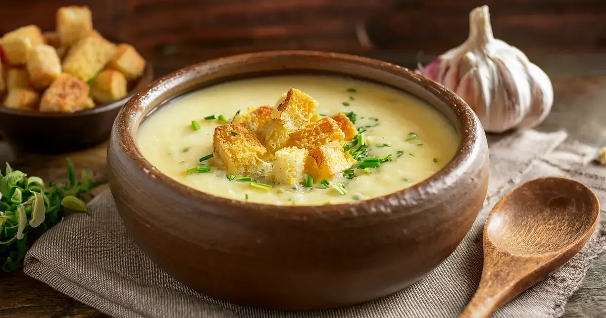 Cremige Knoblauchsuppe mit Parmesan und knusprigen Knoblauchcroutons in einer rustikalen Schale serviert.