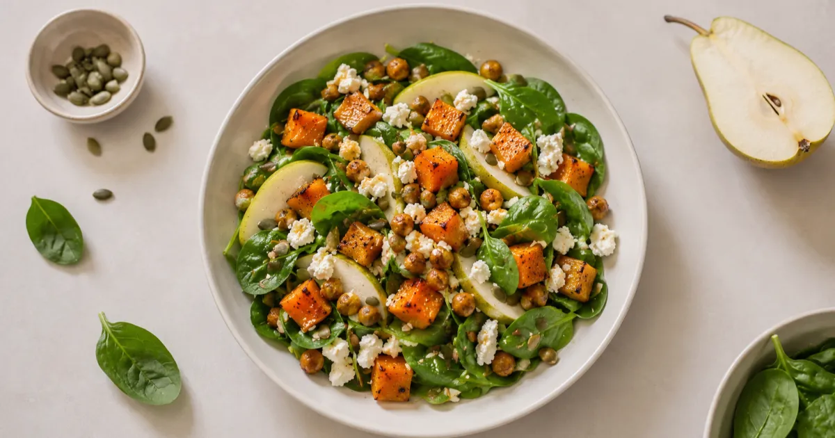Kürbis-Bowl mit geröstetem Hokkaido, Kichererbsen, Blattspinat, Birne, light Hirtenkäse und Kürbiskernen in einer Keramikschale.