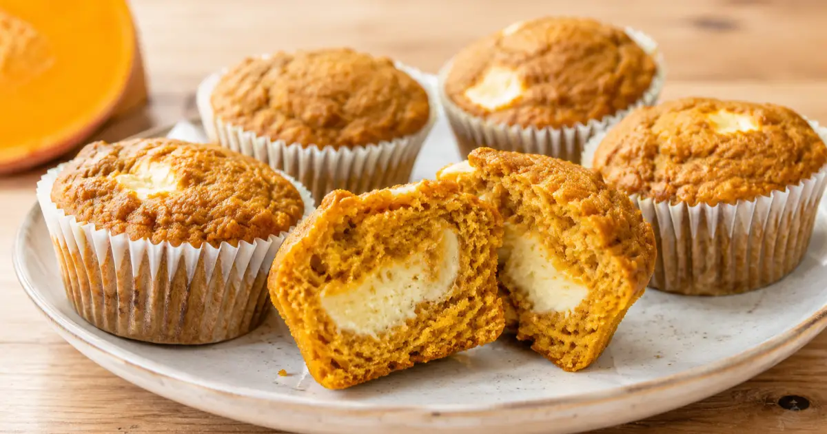 Kürbis-Cheesecake-Protein-Muffins mit saftigem Kürbisteig und sichtbarem cremigem Cheesecake-Kern