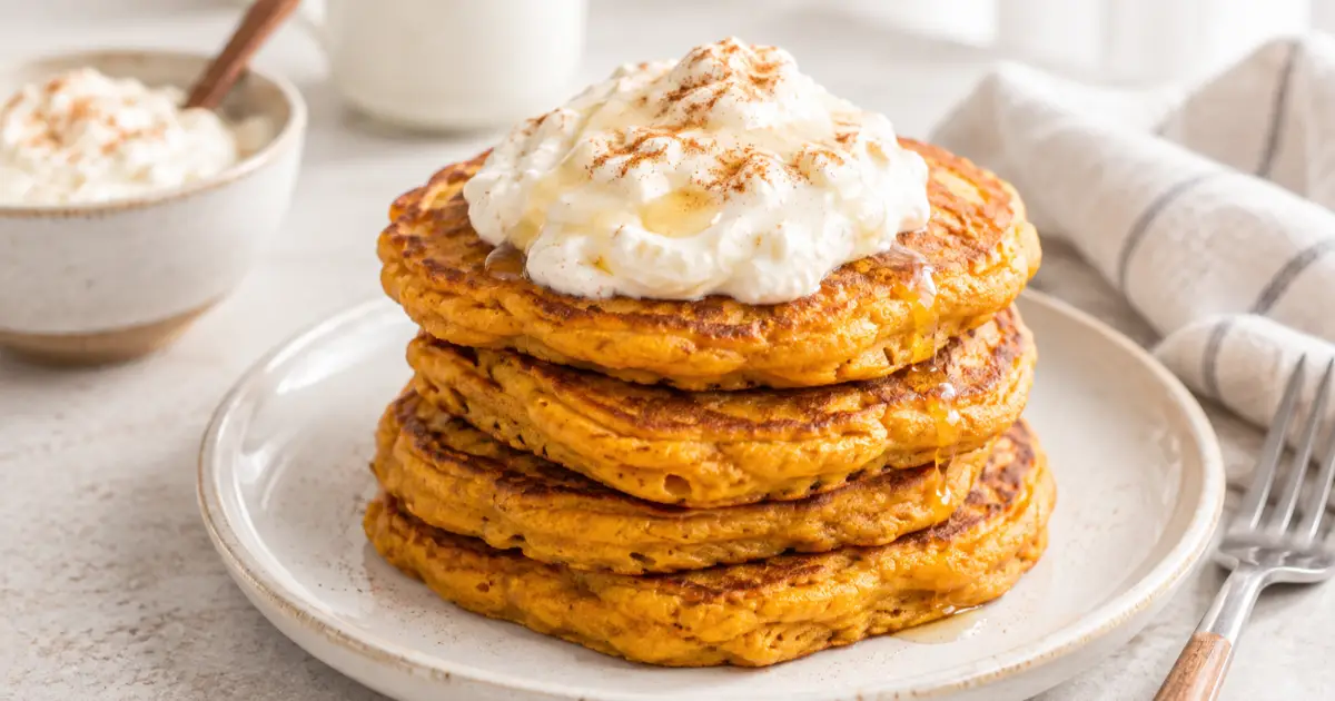 Fluffige Kürbis-Protein-Pancakes mit cremiger Skyr-Zimt-Creme auf einem Keramikteller.