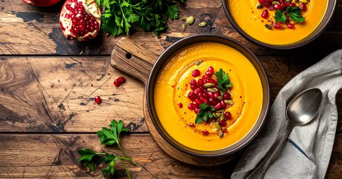 Vegane Kürbiscremesuppe mit Seidentofu, garniert mit Kürbiskernen, Granatapfelkernen und Kräutern.