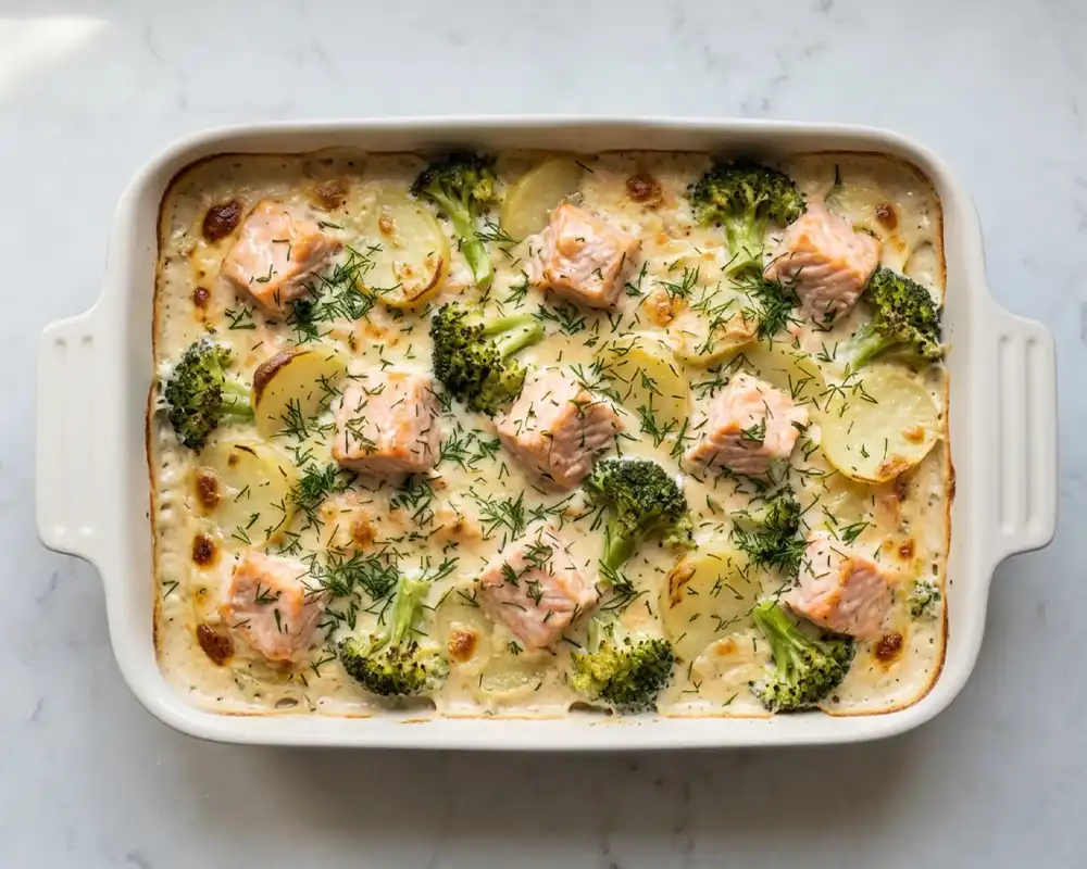 Goldbraunes Lachs-Kartoffel-Gratin mit Dill in Auflaufform von oben