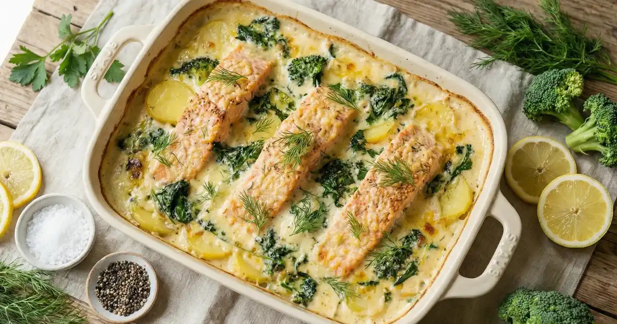 Sättigender Lachs-Brokkoli-Kartoffel-Gratin mit cremiger Skyr-Sauce