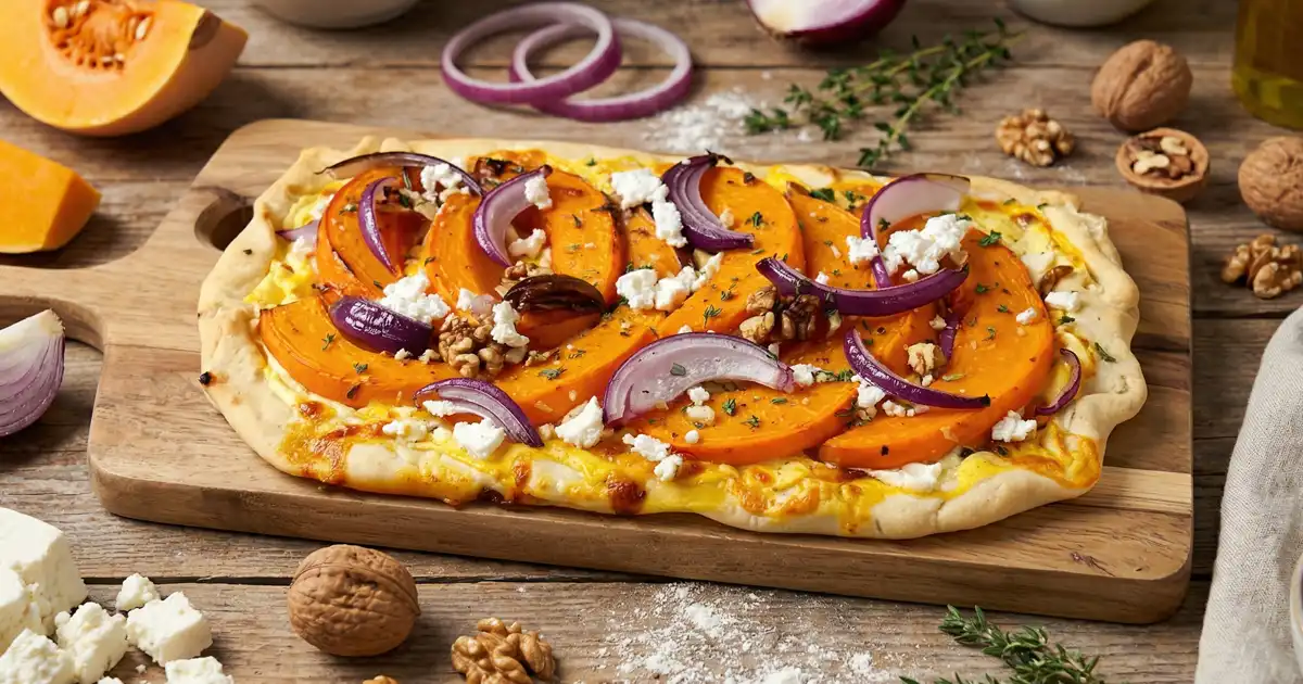 Vegetarischer Low Carb Flammkuchen mit Kürbis, Feta, roten Zwiebeln und Walnüssen auf Quarkboden