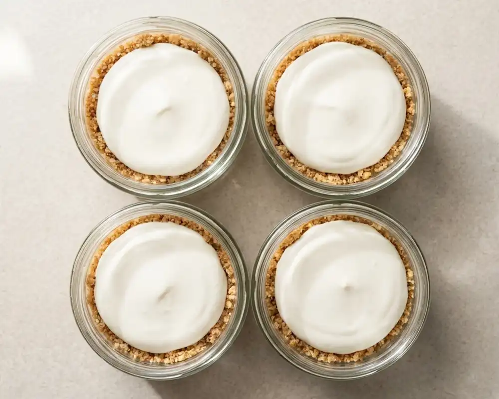Käsekuchen Creme auf Bodenmasse verteilt