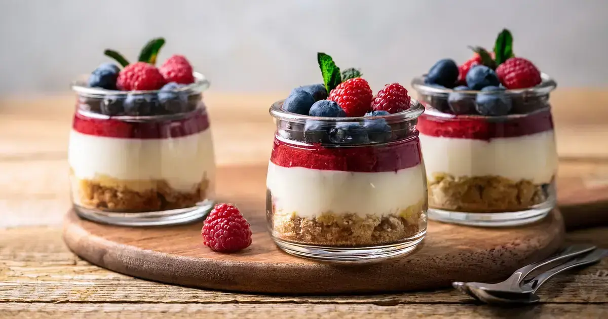 Low-Carb-Käsekuchen im Glas mit frischen Beeren und cremiger Käsefüllung.