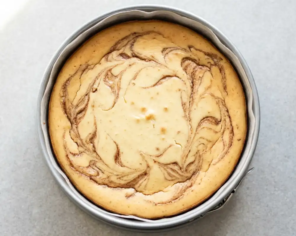 Gebackener Protein-Käsekuchen mit Zimt-Marmorierung in der Springform von oben