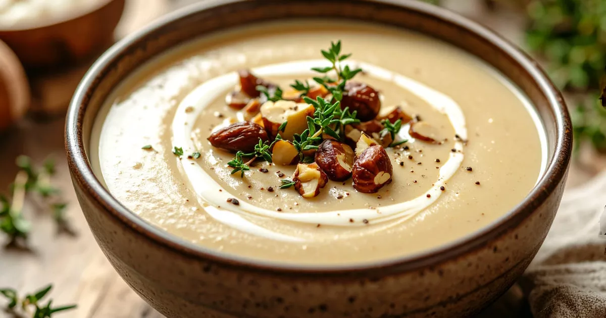 Cremige vegane Maronensuppe mit Seidentofu, Thymian und gerösteten Maronen in rustikaler Schale