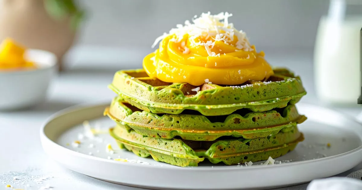Matcha-Waffeln mit Mango-Skyr und geriebenem Proteinriegel als Topping