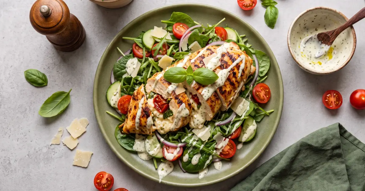 Gefüllte Caprese-Hähnchenbrust aus dem Airfryer mit Skyr-Dressing und mediterranem Salat.