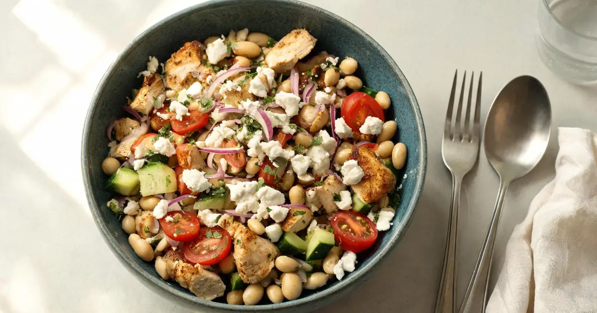 Mediterraner Bohnensalat mit gebratenem Hähnchen, weißen Bohnen, Tomaten, Gurke und Feta.