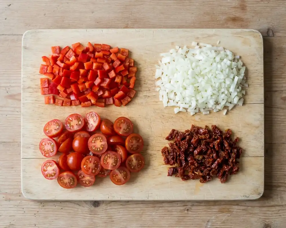 Fein geschnittene Paprika, Zwiebel, halbierte Kirschtomaten und gehackte getrocknete Tomaten auf Holzbrett von oben