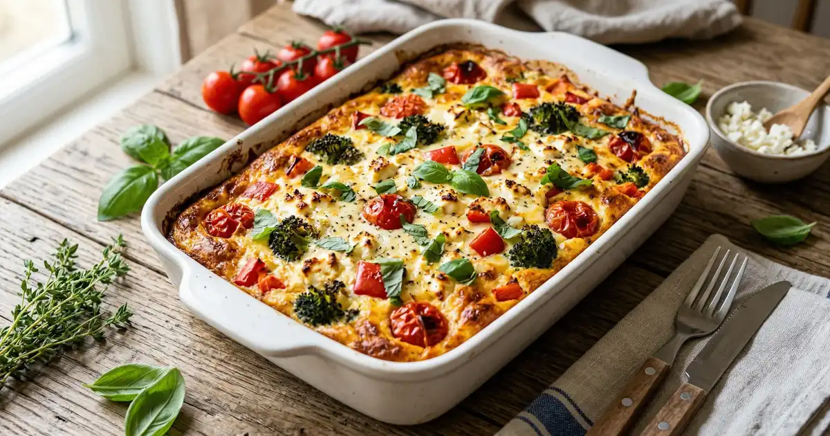 Alt-Text Mediterraner High-Protein Hüttenkäse-Auflauf mit Feta, Brokkoli und Tomaten