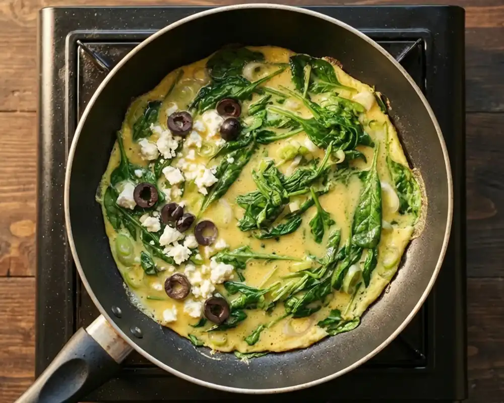 Omelette in der Pfanne mit Feta und Oliven vor dem Zusammenklappen