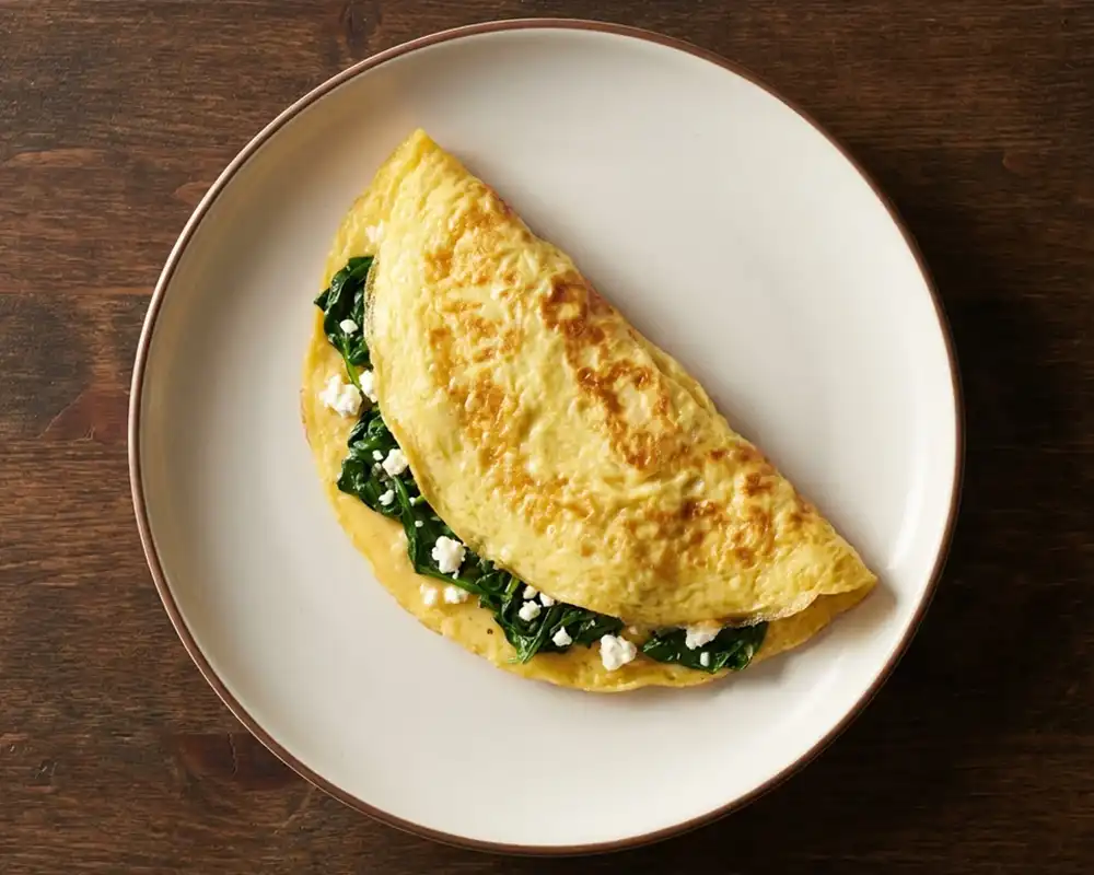 Fertiges Spinat-Feta-Omelette von oben im cleanen Fitnessküche Stil