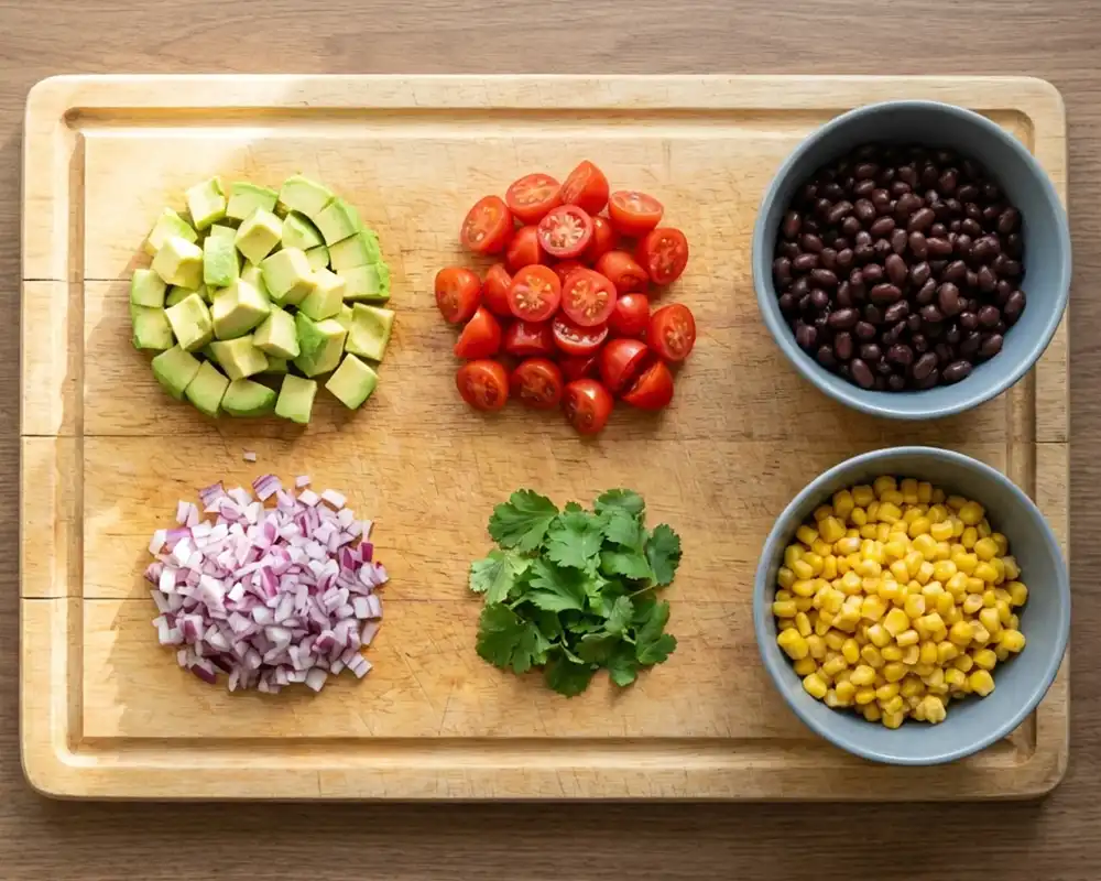 Geschnittene Avocado, Tomaten und rote Zwiebel auf Schneidebrett mit Bohnen und Mais in kleinen Schälchen