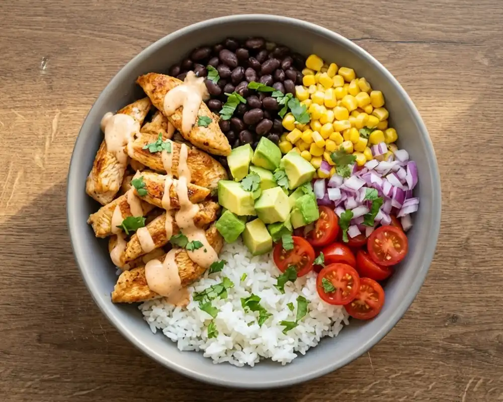 Fertige Burrito Bowl mit Hähnchen, Reis, Bohnen, Mais und Avocado von oben