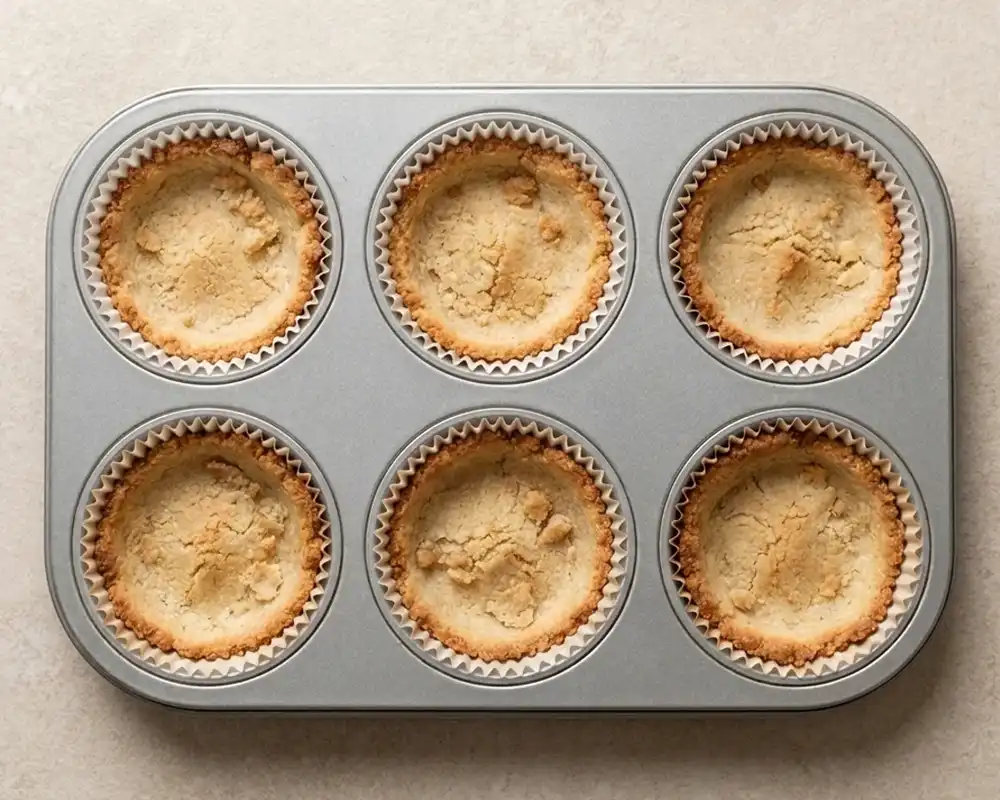 Vorgebackene Mandelböden leicht goldbraun im Muffinblech