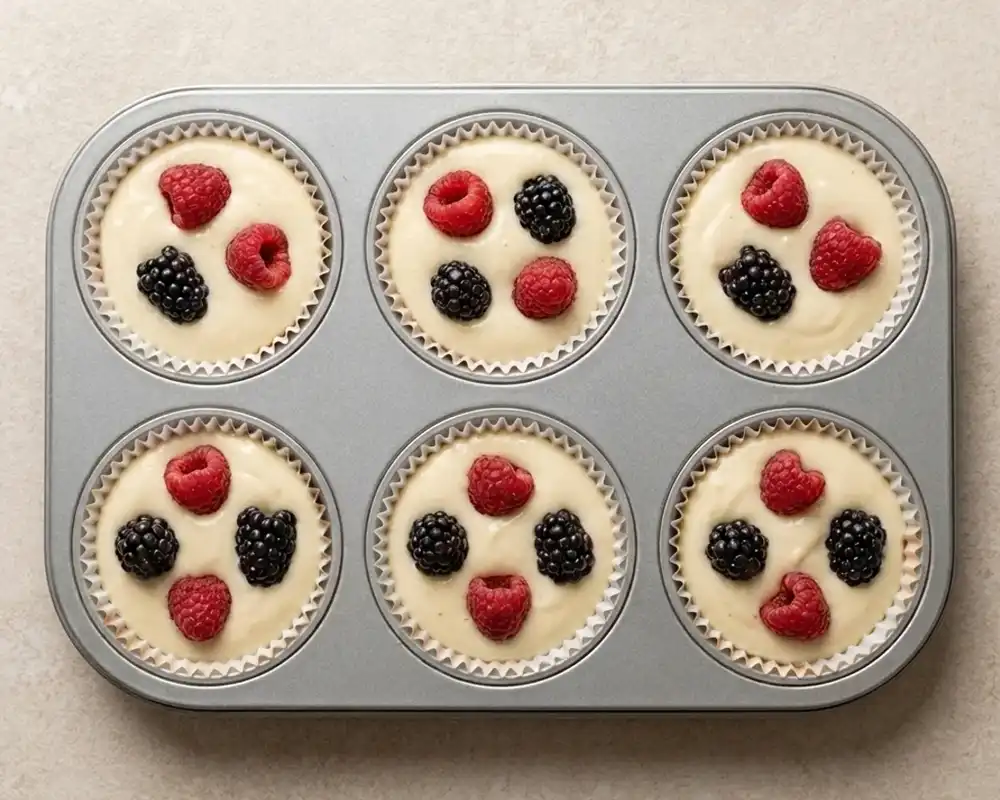 Cheesecake-Masse mit eingedrückten Himbeeren und Brombeeren