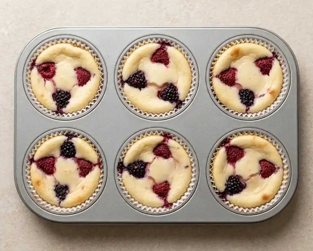 Mini Cheesecakes nach dem Backen mit festen Rändern und weicher Mitte