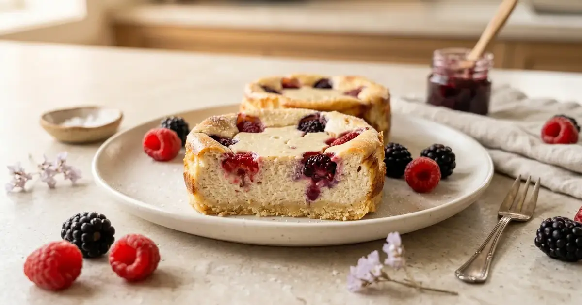 Mini Cheesecakes mit Himbeeren und Brombeeren sowie knusprigem Mandelboden, cremig und proteinreich