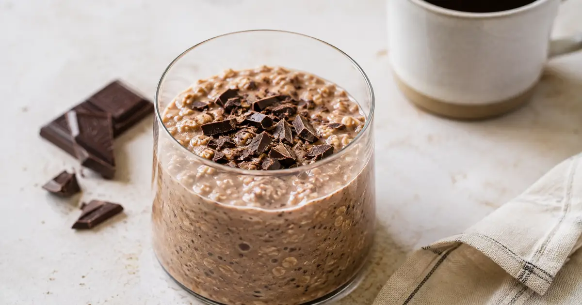 Cremige Mocha Overnight Oats mit Kaffee, Skyr, Kakao und dunkler Schokolade in einer kleinen Schale.