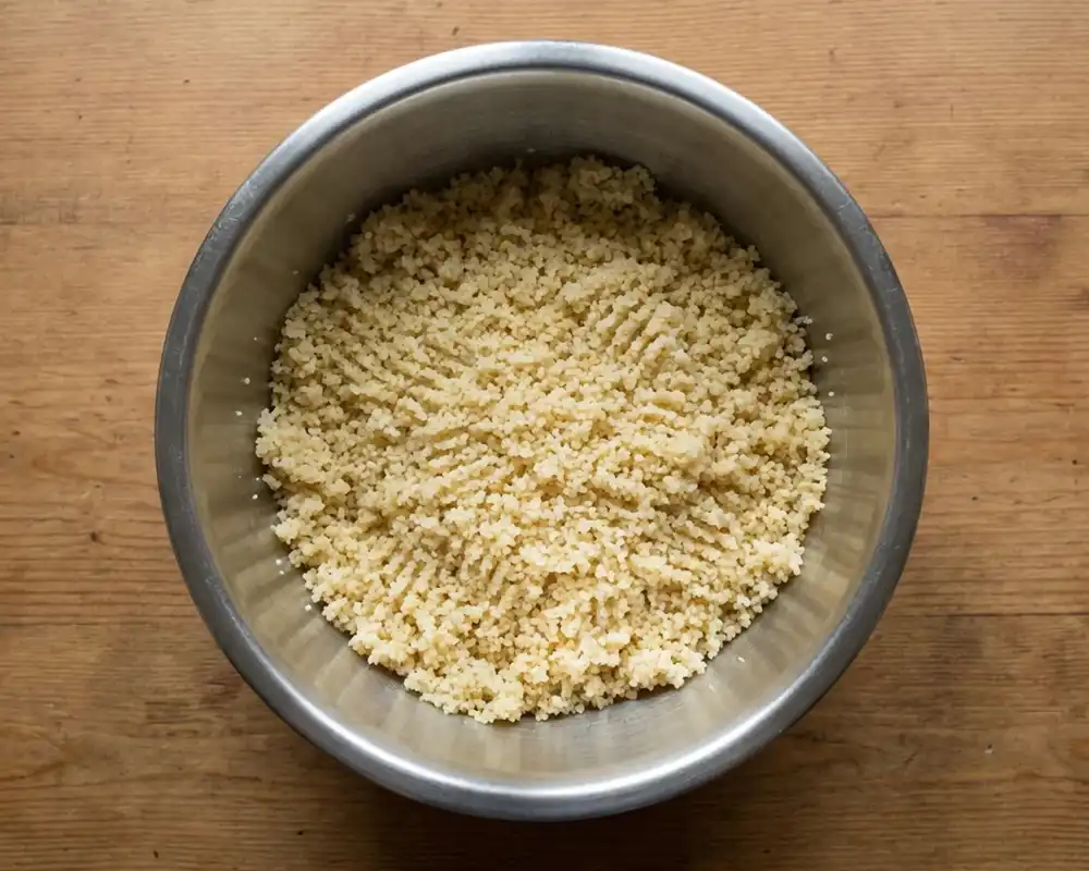 Gequollener Couscous locker aufgelockert in Edelstahlschüssel von oben fotografiert