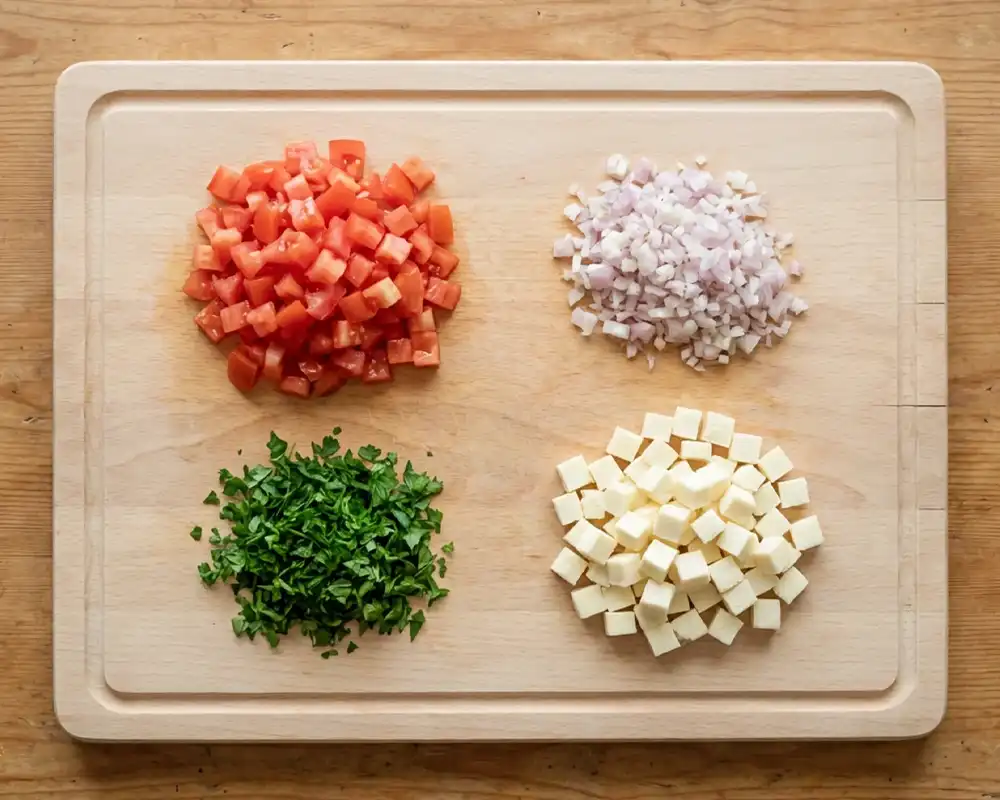 Fein gewürfelte Tomaten, Schalotte, Petersilie und Mozzarella auf Holzbrett von oben